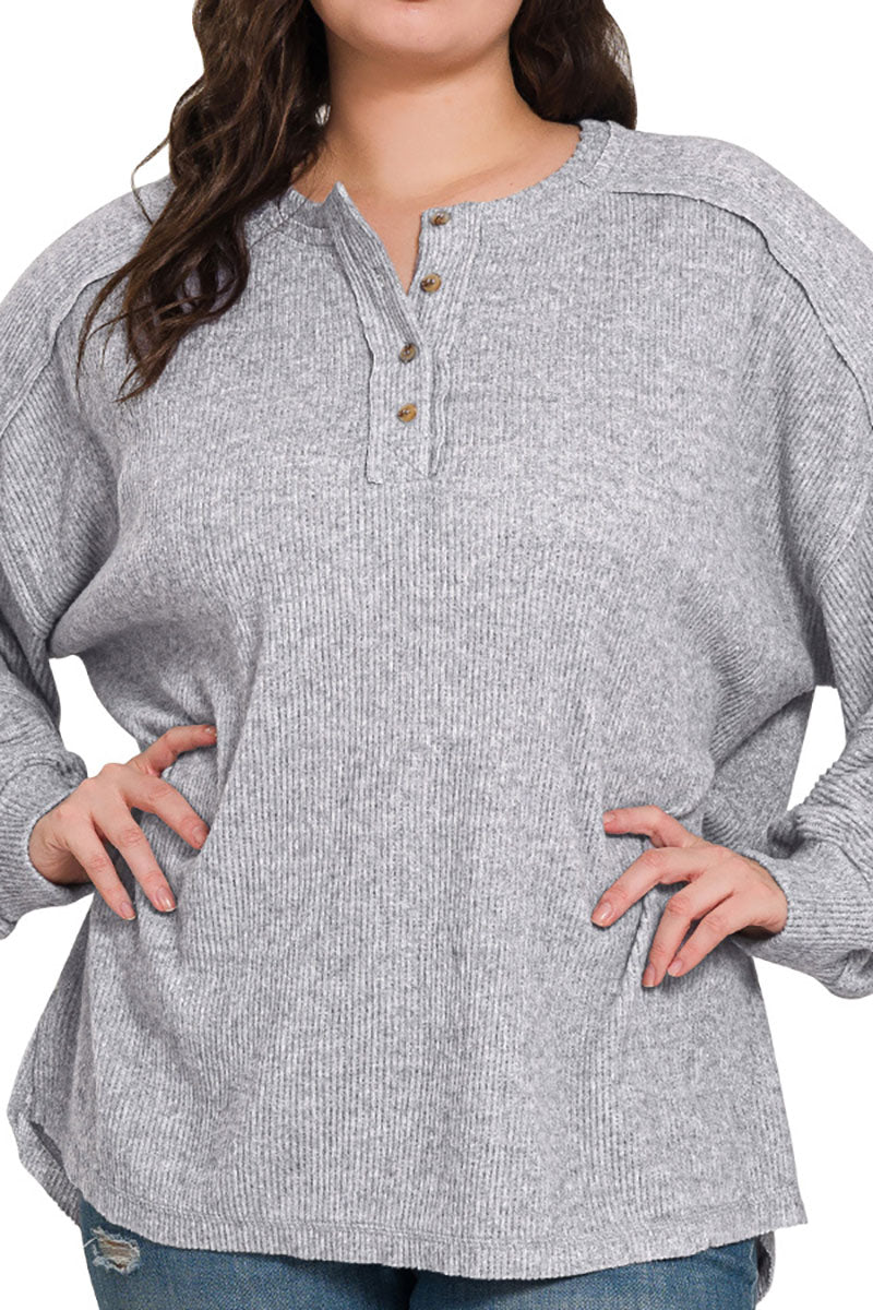 Zenana Plus Size Frosty Feels Heather Gray Brushed Hacci Henley Sweater