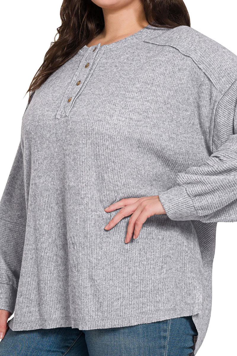 Zenana Plus Size Frosty Feels Heather Gray Brushed Hacci Henley Sweater