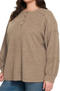 Zenana Plus Size Frosty Feels Mocha Brushed Hacci Henley Sweater