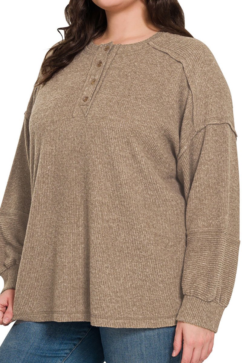 Zenana Plus Size Frosty Feels Mocha Brushed Hacci Henley Sweater