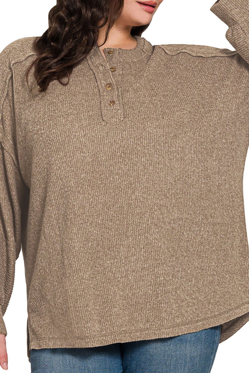 Zenana Plus Size Frosty Feels Mocha Brushed Hacci Henley Sweater