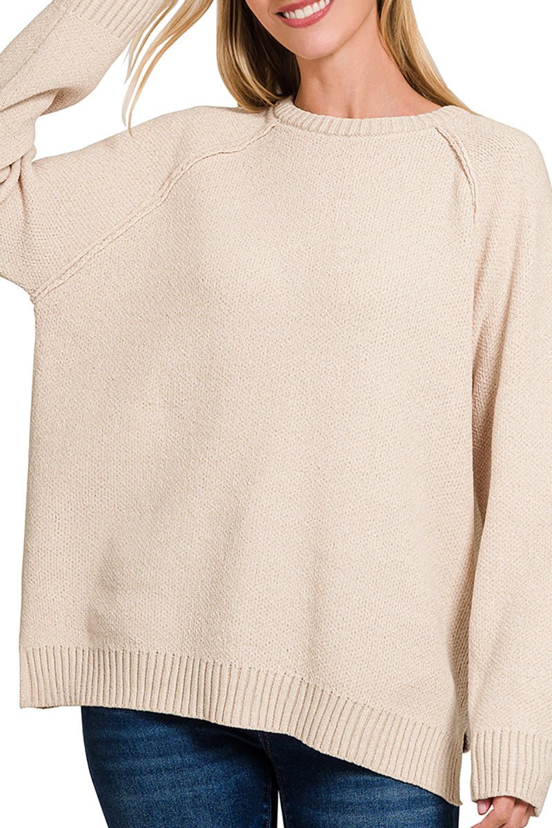 Zenana Perfectly You Sand Beige Chenille Raglan Sweater