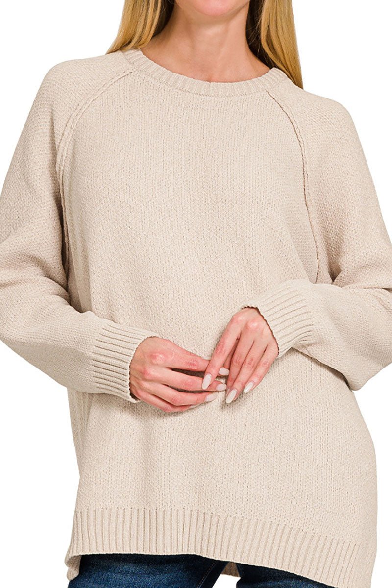 Zenana Perfectly You Sand Beige Chenille Raglan Sweater