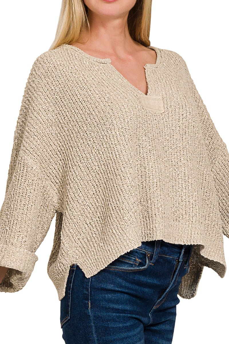 Zenana First Impression Heather Mocha Front Slit Sweater