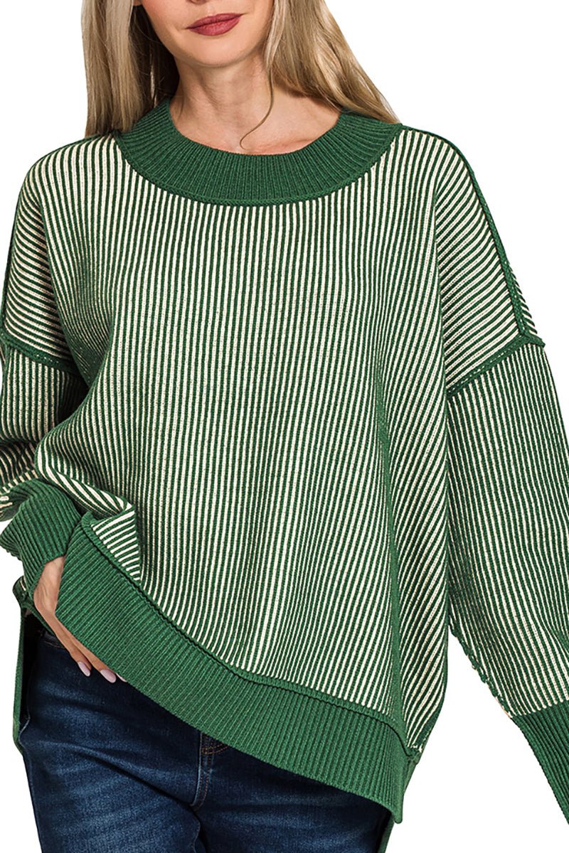 Zenana Double Take Dark Green Exposed Seam Sweater