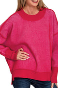 Zenana Double Take Ruby and Pink Exposed Seam Sweater