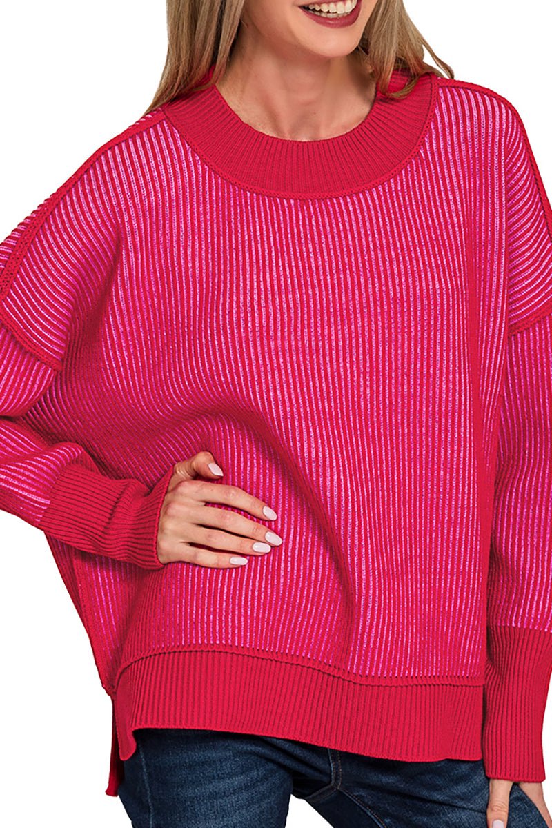 Zenana Double Take Ruby and Pink Exposed Seam Sweater