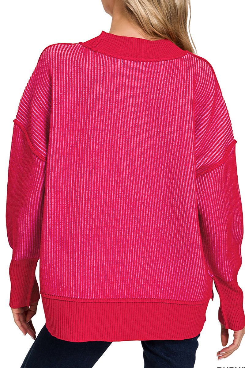 Zenana Double Take Ruby and Pink Exposed Seam Sweater