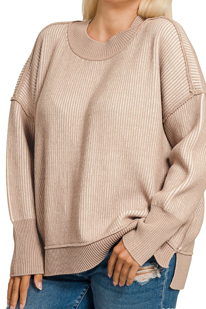 Zenana Plus Size Double Take Ash Mocha and Ivory Striped Exposed Seam Sweater
