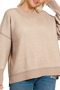 Zenana Plus Size Double Take Ash Mocha and Ivory Striped Exposed Seam Sweater