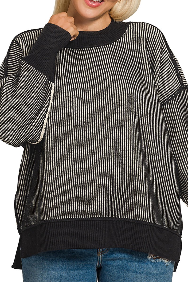 Zenana Plus Size Double Take Black Striped Exposed Seam Sweater