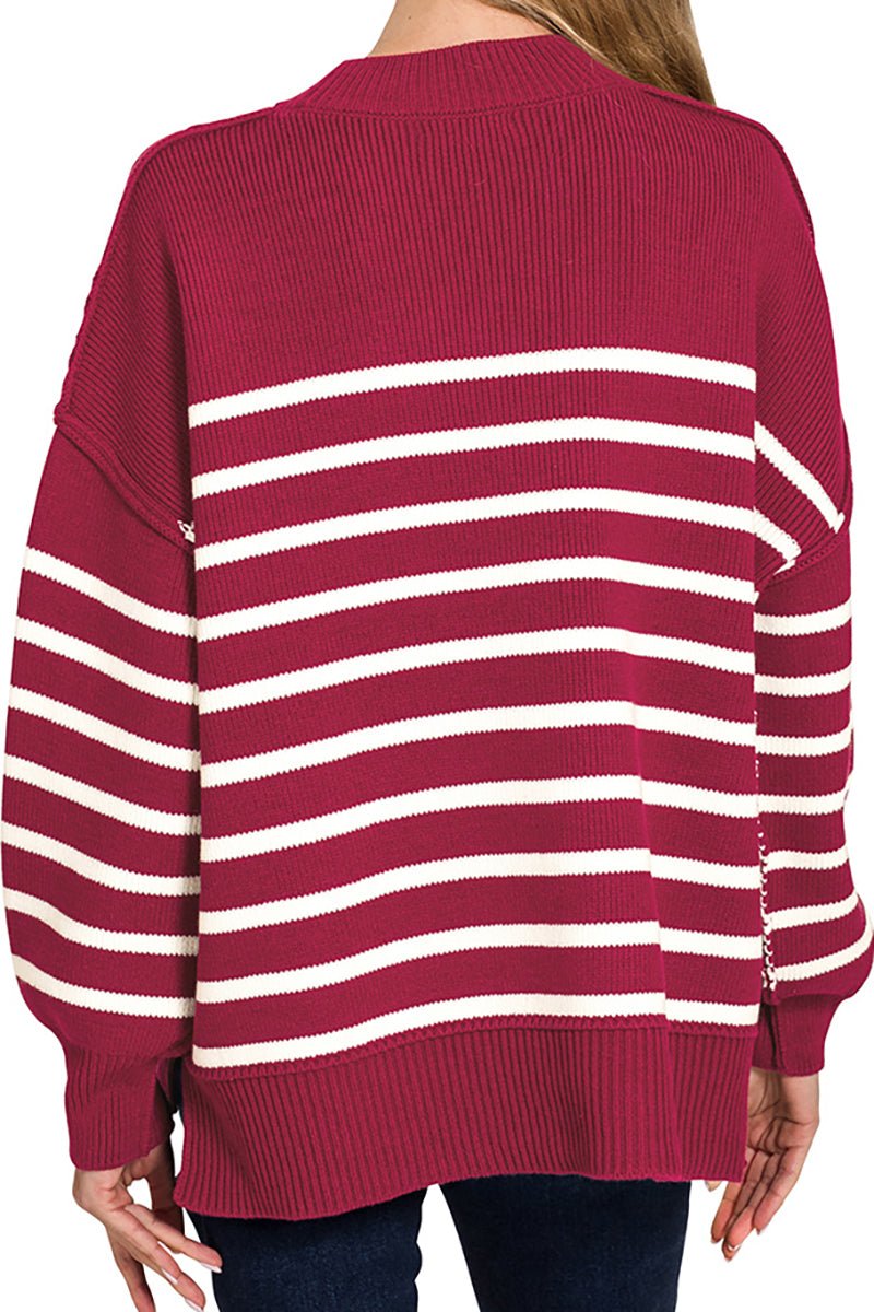 Zenana Opposites Attract Cabernet Striped Exposed Seam Sweater