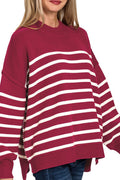 Zenana Opposites Attract Cabernet Striped Exposed Seam Sweater