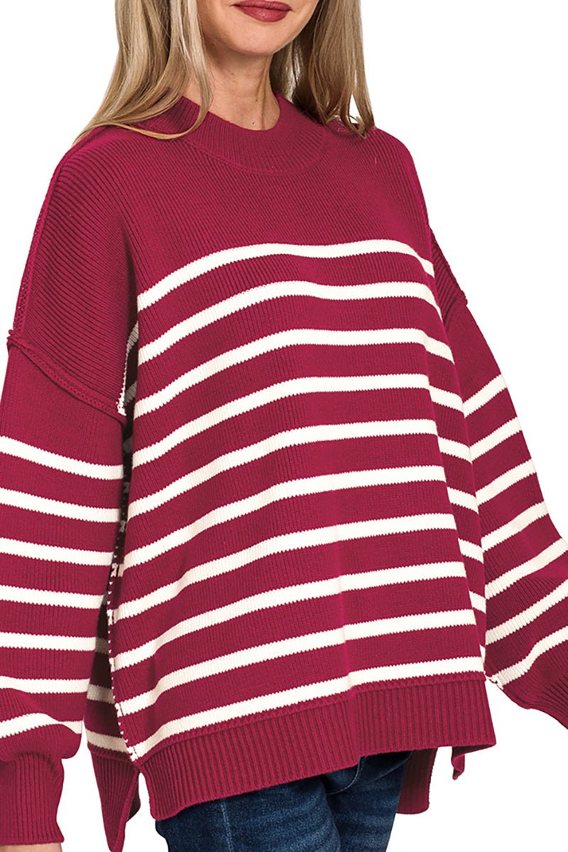 Zenana Opposites Attract Cabernet Striped Exposed Seam Sweater