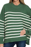 Zenana Opposites Attract Dark Green Striped Exposed Seam Sweater
