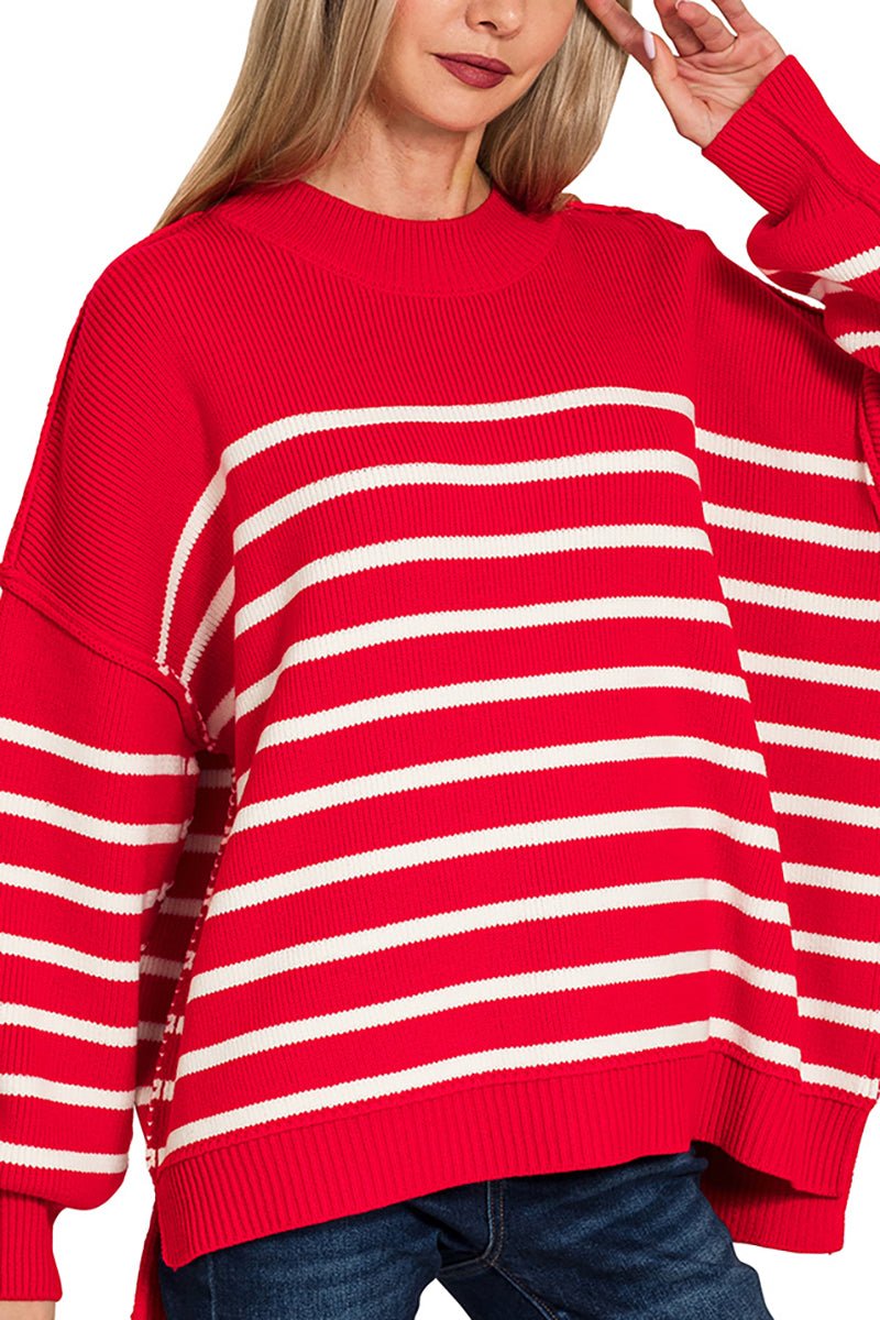Zenana Opposites Attract Ruby Striped Exposed Seam Sweater