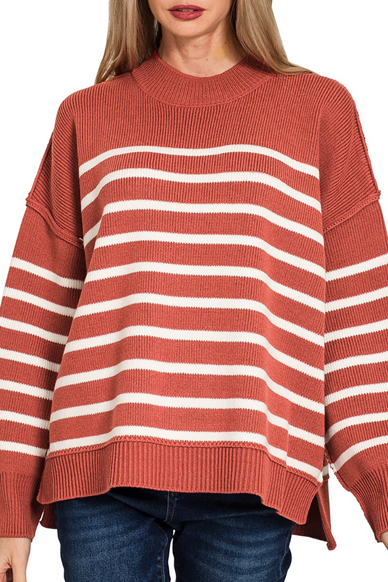 Zenana Opposites Attract Rust Striped Exposed Seam Sweater