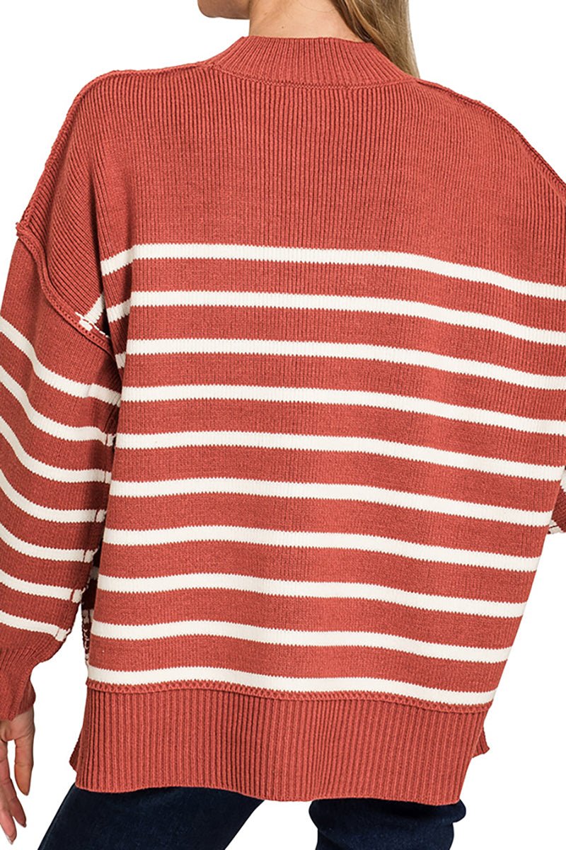 Zenana Opposites Attract Rust Striped Exposed Seam Sweater