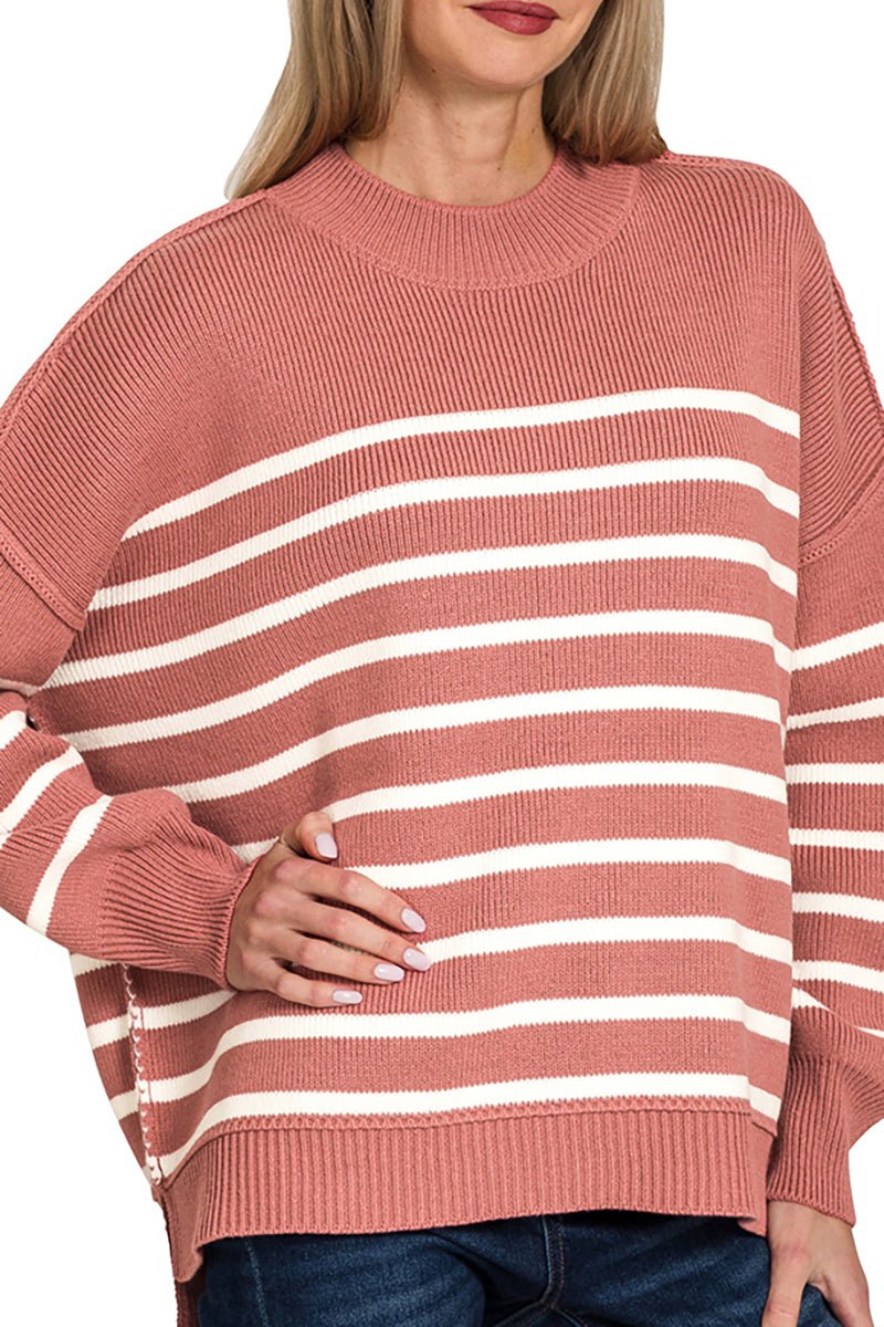 Zenana Opposites Attract Winter Rose Striped Exposed Seam Sweater