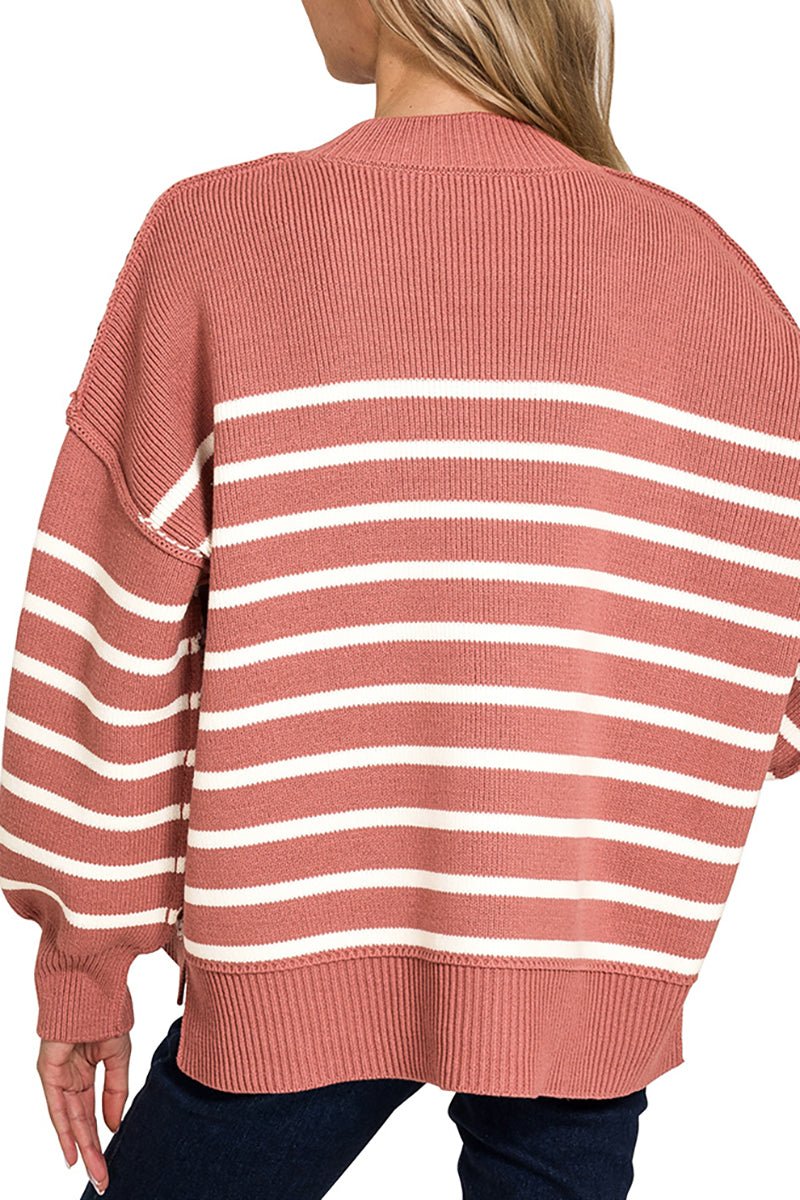 Zenana Opposites Attract Winter Rose Striped Exposed Seam Sweater