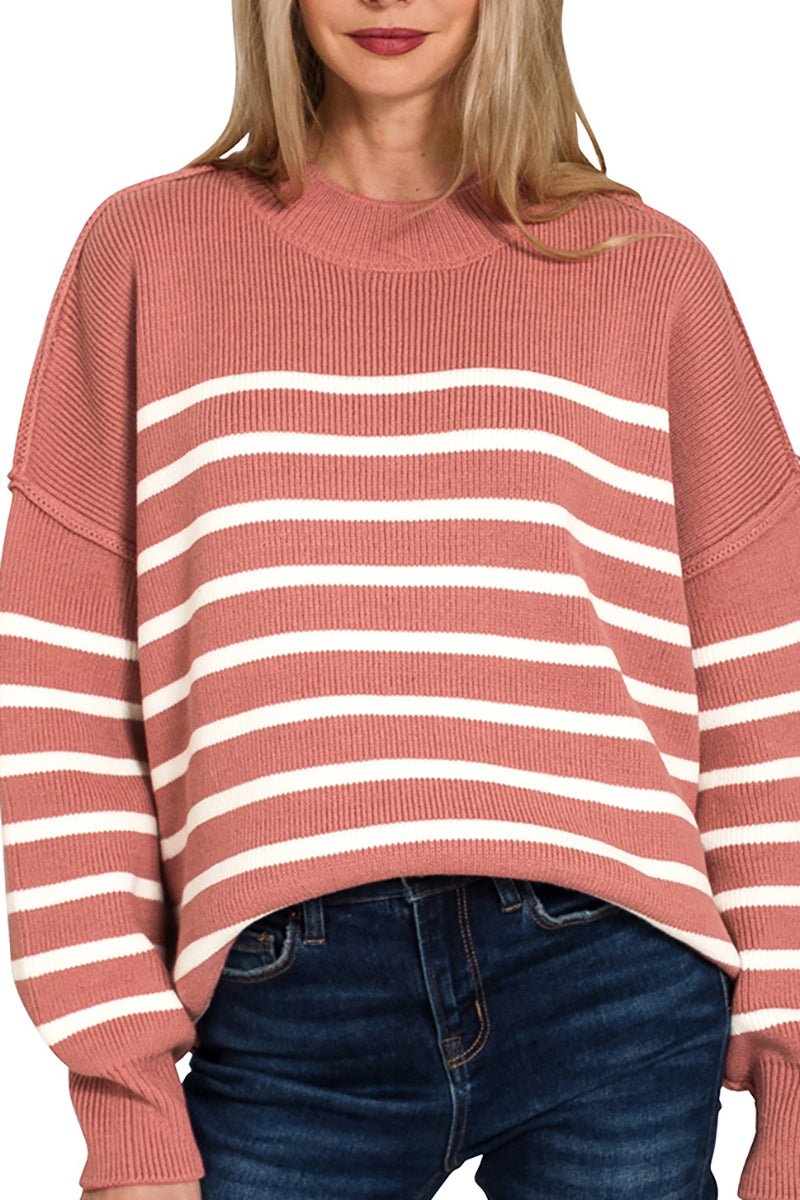 Zenana Opposites Attract Winter Rose Striped Exposed Seam Sweater
