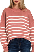 Zenana Opposites Attract Winter Rose Striped Exposed Seam Sweater